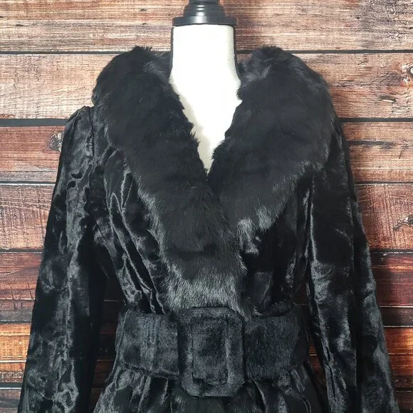 Lilli Ann Rare Vintage 60s Black Velvet Coat Faux Fur Trim US Union Made